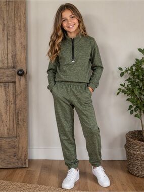 AVALANCHE Girls Olive Green Half-Zip Sweatshirt & Jogger Set-size 10/12